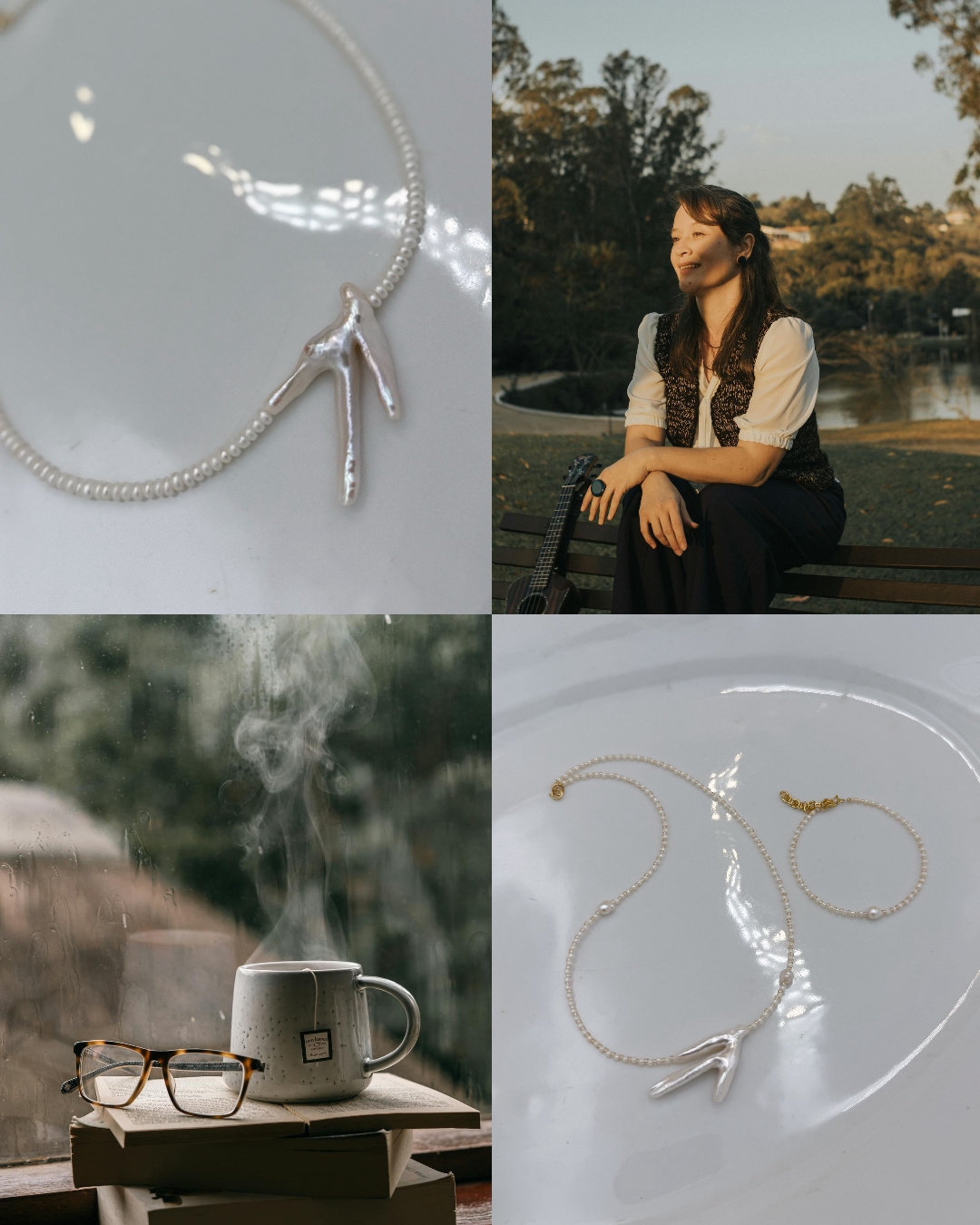 NASZYJNIK BAROKOWA PERŁOWA GAŁĄZKA NA KREMOWYCH KORALIKACH - obrazek 6