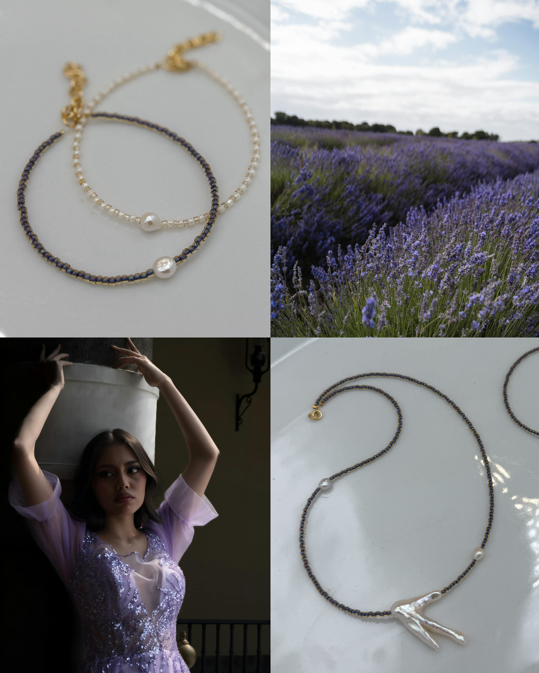 NASZYJNIK BAROKOWA PERŁOWA GAŁĄZKA NA LAWENDOWYCH KORALIKACH - obrazek 4