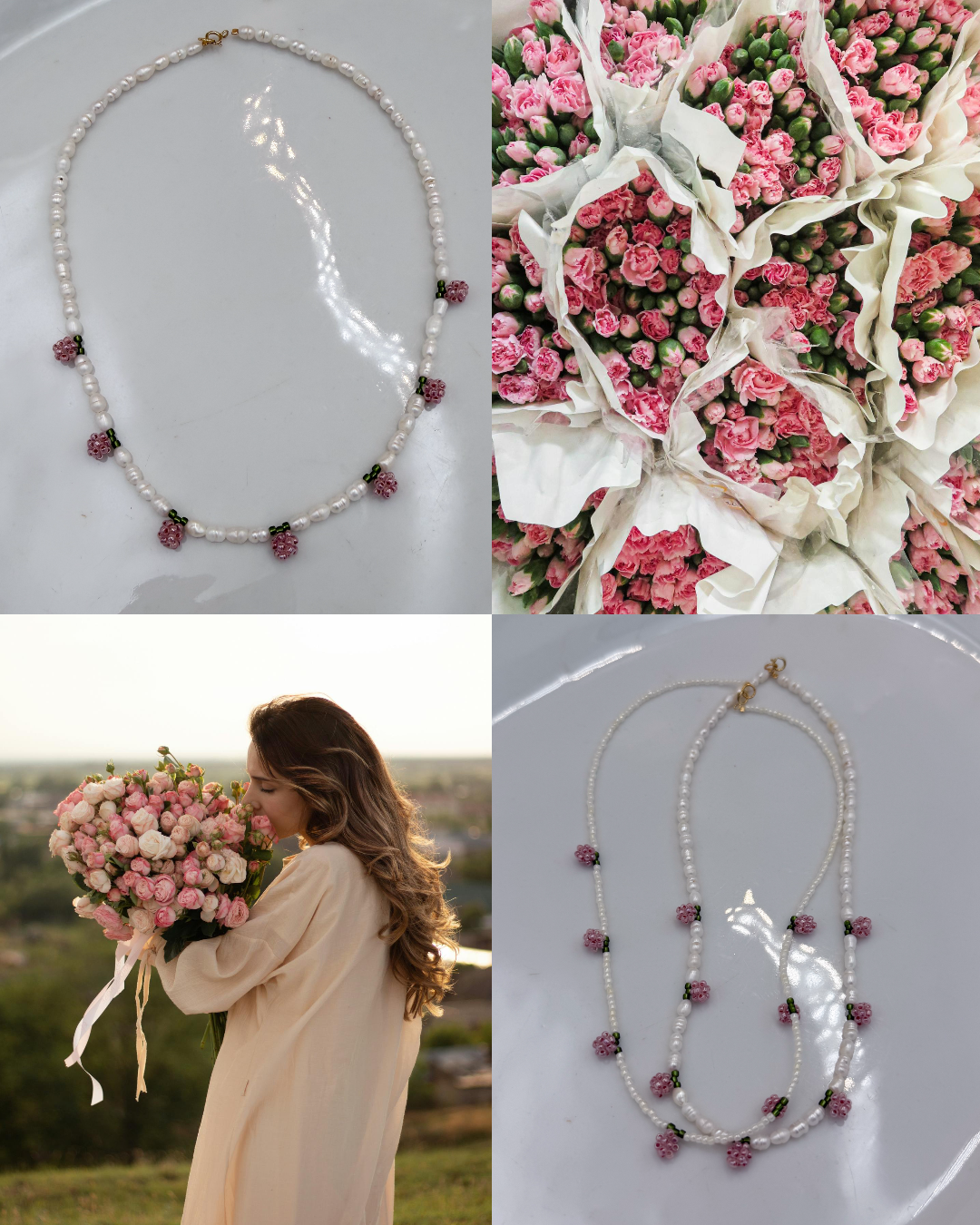 NASZYJNIK RÓŻOWE PĄKI RÓŻ NA PERŁACH - obrazek 5