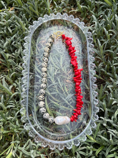 NASZYJNIK CHOKER BAROKOWA PERŁA & JASPIS DALMATYŃSKI Z KORALEM