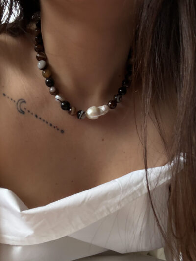 NASZYJNIK CHOKER BAROKOWA PERŁA & BRĄZOWY AGAT