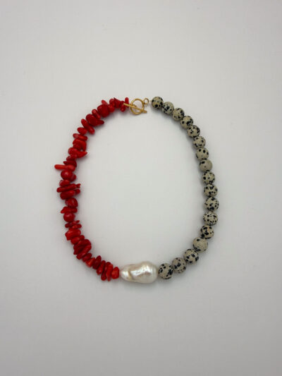 NASZYJNIK CHOKER BAROKOWA PERŁA & JASPIS DALMATYŃSKI Z KORALEM